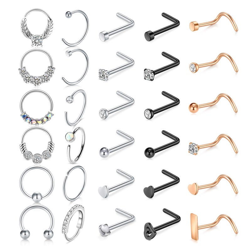 Mayhoop 20g Nose Rings Hoops And Studs For Women Men - Hypoallergenic 316L Surgical Stainless Steel L Shape Nose Screw Bone Silver Rose Gold Black Rainbow Pack 28Pcs - Image 1